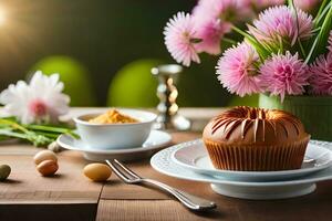 easter breakfast with cake and flowers. AI-Generated photo