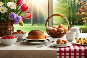 a table with a basket of eggs, bread and other food. AI-Generated photo
