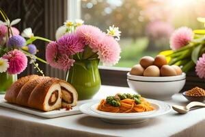 a table with a bowl of pasta, eggs, and flowers. AI-Generated photo