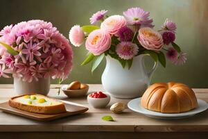 todavía vida con flores y pastel en mesa. generado por ai foto