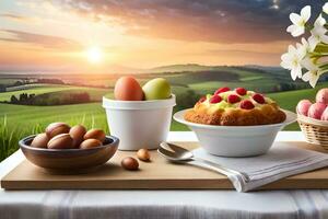 easter breakfast with eggs, bread and flowers on a table. AI-Generated photo