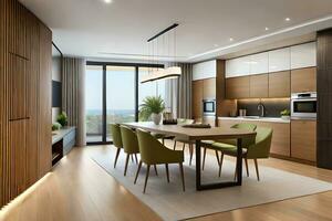 modern kitchen and dining area with wooden paneling. AI-Generated photo