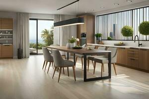 a modern kitchen with wooden cabinets and a dining table. AI-Generated photo