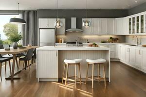 a modern kitchen with white cabinets and wooden floors. AI-Generated photo