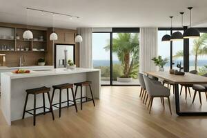 a modern kitchen with a dining table and chairs. AI-Generated photo