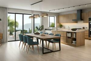 a modern kitchen and dining area with wooden cabinets. AI-Generated photo