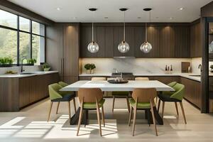 modern kitchen with wooden cabinets and green chairs. AI-Generated photo