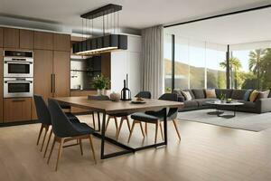 a modern living room and dining area with a kitchen. AI-Generated photo