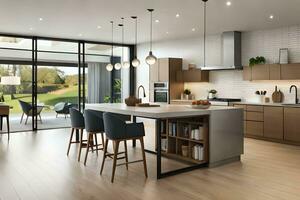 a modern kitchen with wooden floors and a large island. AI-Generated photo