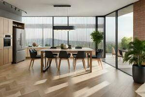 a modern kitchen with wooden floors and a dining table. AI-Generated photo