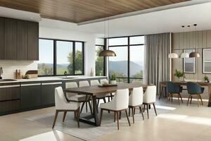 a modern kitchen with a dining table and chairs. AI-Generated photo