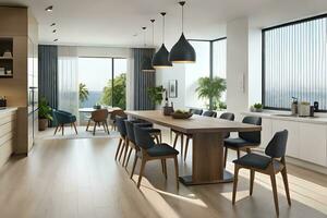 a modern kitchen and dining room with wooden floors. AI-Generated photo