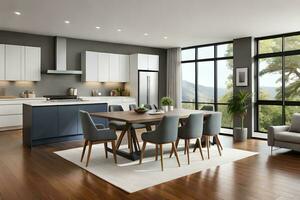 un moderno cocina y comida habitación con madera pisos generado por ai foto