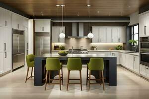 a modern kitchen with white cabinets and green chairs. AI-Generated photo