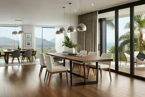 a modern dining room with wooden floors and large windows. AI-Generated photo