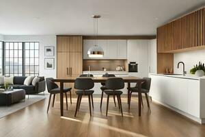 a modern kitchen and dining area in a large open plan living area. AI-Generated photo
