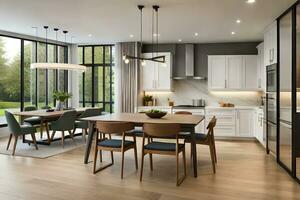 a modern kitchen and dining room with large windows. AI-Generated photo