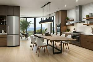 a modern kitchen with wooden floors and white walls. AI-Generated photo