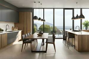 modern kitchen with wooden cabinets and a dining table. AI-Generated photo