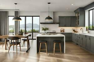 a modern kitchen with a large island and wooden flooring. AI-Generated photo