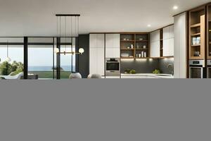 a modern kitchen with a large island and a view of the ocean. AI-Generated photo