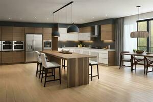 a modern kitchen with wooden floors and white walls. AI-Generated photo