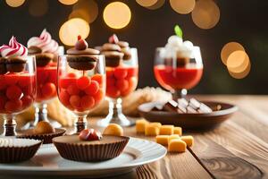 a table with several desserts and drinks. AI-Generated photo