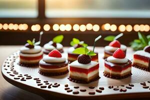 small desserts on a wooden tray with berries. AI-Generated photo