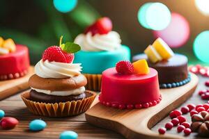 colorful cakes on wooden board with berries. AI-Generated photo