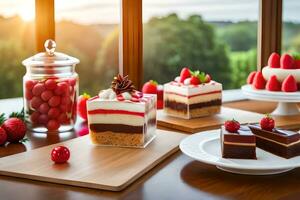 varios postres en un mesa con fresas generado por ai foto