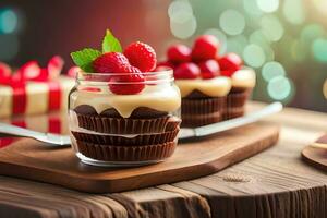 chocolate cupcakes with raspberries on a wooden table. AI-Generated photo