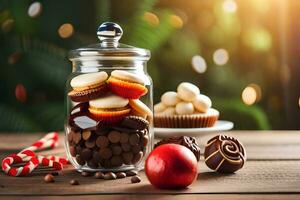 Navidad dulces en un vaso tarro en un de madera mesa. generado por ai foto