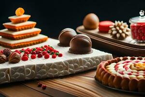 a table with various desserts and cakes. AI-Generated photo