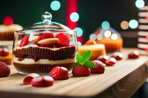a dessert with chocolate, raspberries and mint on a wooden table. AI-Generated photo