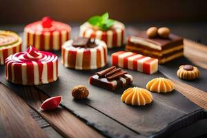 assortment of cakes on wooden table. AI-Generated photo