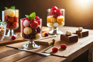 three dessert dishes with fruit and nuts on a wooden table. AI-Generated photo