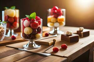 Tres postre platos con Fruta y nueces en un de madera mesa. generado por ai foto