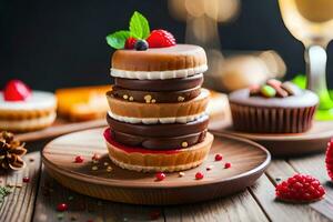 chocolate cake with berries and mint on wooden table. AI-Generated photo