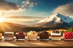 various desserts on a table in front of mountains. AI-Generated photo