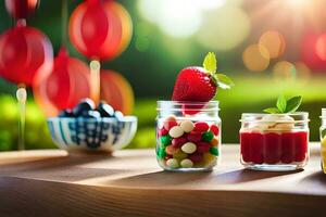 three jars with fruit and candy in them. AI-Generated photo