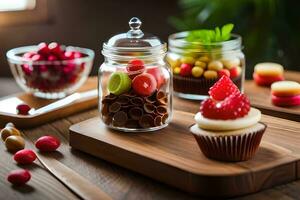 cupcakes and other desserts in jars on a table. AI-Generated photo