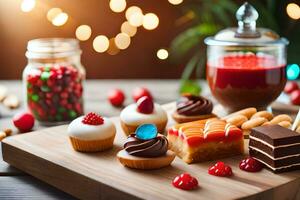 christmas desserts on a wooden table with christmas lights. AI-Generated photo