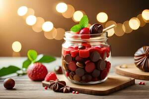 a jar filled with chocolate and berries. AI-Generated photo