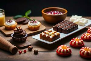 various types of chocolates and desserts on a table. AI-Generated photo