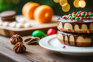 a cake with chocolate frosting and candy on a plate. AI-Generated photo