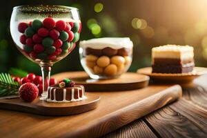 christmas dessert in a glass with berries and cherries. AI-Generated photo