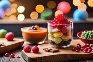 various desserts in glass containers on a wooden table. AI-Generated photo