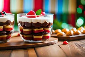 two dessert cups with chocolate and fruit on a wooden table. AI-Generated photo