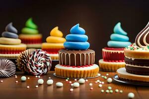 many different types of cupcakes are shown on a table. AI-Generated photo