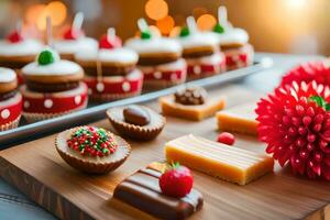 christmas desserts on a wooden tray. AI-Generated photo